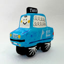 Clay sculpture of a cartoon style taxi, blue in coloring with a cute smiley face.