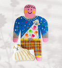 Paper cut out of a person wearing a shirt with patterning and a UFO abducting jellyfish on it. Sitting at her feet is a long haired white dog.