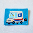 A hand-painted flat artwork featuring a whimsical USPS mail truck with a smiling face on a bright blue background, mounted on a textured white wall.