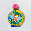 A decorative wall-mounted bottle-shaped ornament with a colorful hand-painted style design. The ornament features a pink top, a brown neck, and a yellow border surrounding a central scene of two smiling koi fish in blue water with pink lotus flowers.