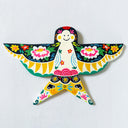 A colorful hand-painted wooden bird wall hanging with traditional folk art patterns, displayed on a textured white wall.
