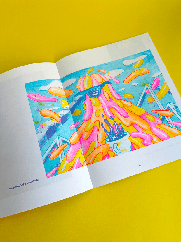 Open book with a colorful illustration of a character with a lava-like effect on a yellow background
