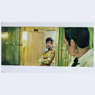 Painting based on a film still from 2046 of a woman standing in a doorway in a yellow and green lit room, with her arms crossed looking slightly down at a man in the foreground.