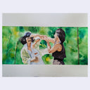 Watercolor painting based on a film still from Drunken Master of 2 people fighting in a green forest.
