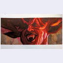 Painting based on a film still from Legend of a close up portrait of a red devil character, with his mouth open showing fangs.