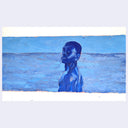 Painting based on a film still from Moonlight of a young black boy, standing under blue moonlight at a beach, looking back over his shoulder to the viewer.