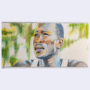 Painting based on a film still from Moonlight of a man sitting down, he wears a white tank top and is mid-sentence.