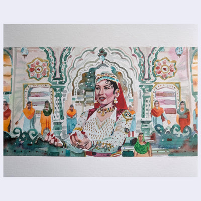 Painting based on a film still from Mughal-E-Azam of a woman in a Bollywood film with ornately decorated dress, standing with her arms extended out.