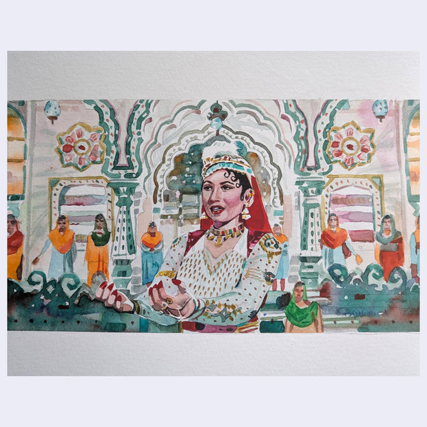 Painting based on a film still from Mughal-E-Azam of a woman in a Bollywood film with ornately decorated dress, standing with her arms extended out.