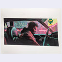 Painting based on a film still from They Cloned Tyrone of a man sitting in his car, seen from the view of the passenger seat with pink neon lighting illuminating the otherwise dark scene.