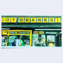 Painting based on a film still from They Cloned Tyrone of a man standing outside of a liquor store with signage that says "got dranks!" and he scratches a lottery ticket.