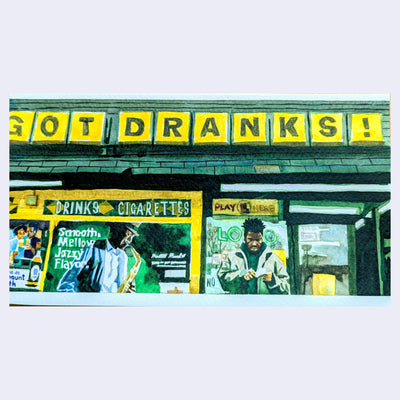 Painting based on a film still from They Cloned Tyrone of a man standing outside of a liquor store with signage that says "got dranks!" and he scratches a lottery ticket.