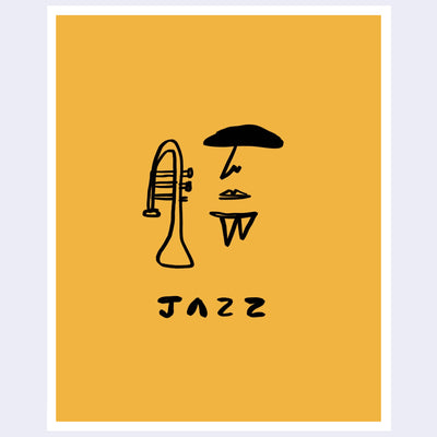 Illustration on yellow background that reads "Jazz" with a drawing of a trumpet and a simple musician outline.