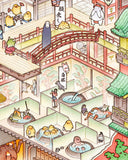 Illustration of the bath house from Spirited Away, seen from far away and at a cross section, with all of the rooms visible. Various bathing centric activities go on with the characters from the film.