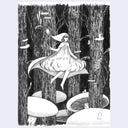 Black and grey ink illustration of a woman in a puffy cloud like dress floating over large mushrooms in a forest.