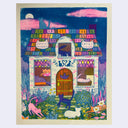 Colorful illustration of a house with cats in various poses and activities.