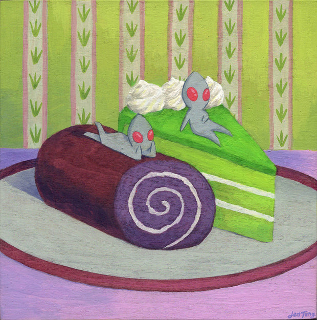 Painting of a purple Swiss roll and a 3 layered slice of green cake, both on the same plate. The cake has a row of icing and 2 small aliens sit atop the desserts. 