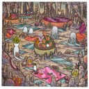 Cool toned illustration on wood panel of an outdoor scene on a rocky, cavern like terrain with small but cute alien creatures sitting around on various plant surfaces and with little ponds around.