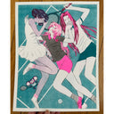 Risogrpah print of 3 girls laying on a tennis court, dressed in tennis outfits.