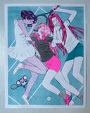 Risogrpah print of 3 girls laying on a tennis court, dressed in tennis outfits.
