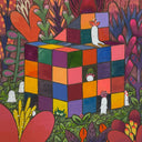 Painting of a rubix cube like structure with a wider range of colors. Small white alien like creatures peek out from it and stand around it. They are surrounded by colorful plants.