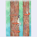 Drawing of a nude cartoon style woman sitting on a mushroom that grows like a shelf off of a tree trunk, with more of the same mushroom.