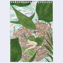 Drawing of a nude cartoon style woman, laying in a bird's nest with green leaves as blankets.