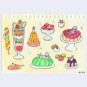 Colorful illustration of many doodles on one page of desserts, mostly jellos.