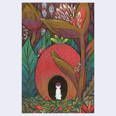 Colorful illustration of a fairy tale scene with a tiny white creature standing inside of a strawberry hut with tiny strawberry shaped girls around.