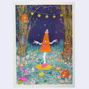 Colorful risograph print of a one legged Yokai, with a triangualr body and a small hat. It stands with one eye and its tongue out, standing in the middle of a colorful forest with lanterns overhead.
