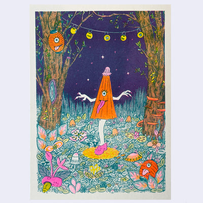 Colorful risograph print of a one legged Yokai, with a triangualr body and a small hat. It stands with one eye and its tongue out, standing in the middle of a colorful forest with lanterns overhead.
