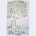 Ink and watercolor illustration of a tree with gray leaves and a faint red trunk. It is on a terrain with skeletal remains peeping out from the ground.