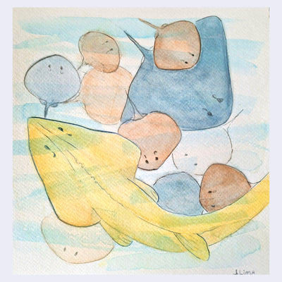 Watercolor illustration of several manta rays and a large yellow fish.
