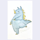 Illustration of a blue dinosaur with yellow spikes standing up on one foot, balancing.