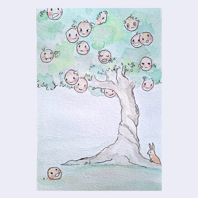Ink and watercolor illustration of a tree with many fruits that have different facial expressions on them. At the base of the tree is a smiling fruit on the ground and a rabbit.