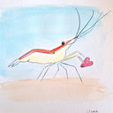 Illustration of a shrimp holding a heart with a blue and beige background