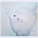 Illustration of a light blue sun fish with a heart-shaped bubble on a light blue background