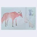 Watercolor sketch of purple flowers and a reddish orange yokai fox, with a flame hovering over its head and 2 hands downturned nearby. 