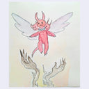 A watercolor-style artwork showing a small red winged creature with horns and 3 matching heads, floating above two gray skeletal hands on a pale cream background.