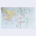 Watercolor illustration of a hillside with palm trees, a power line and some faint houses and trees. Smoke comes up as a large 3 headed dragon monster attacks. 