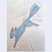 Blue fox-like creature flying through clouds