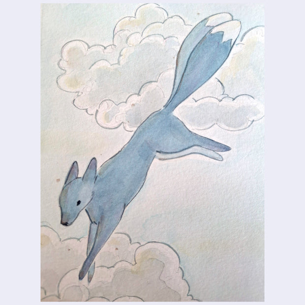 Blue fox-like creature flying through clouds