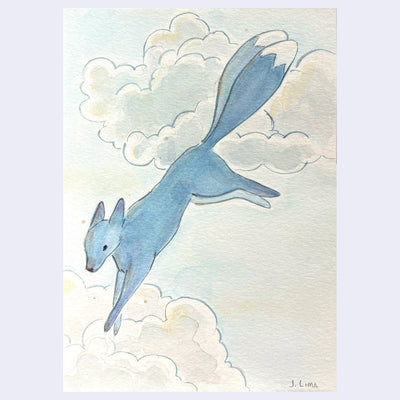 Watercolor illustration of a blue fox with 2 tails, jumping through clouds.