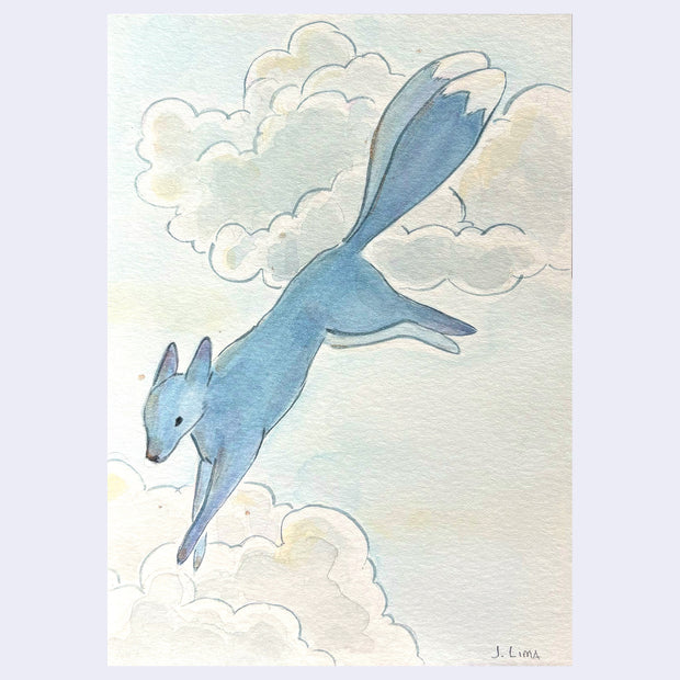 Watercolor illustration of a blue fox with 2 tails, jumping through clouds.