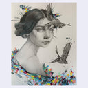 Illustration on gray toned paper of a woman, seen from the shoulders up and looking back and off into the distance. Birds fly around her and colorful small square blotches surround her shoulders.