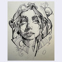 Black and white line art of a stylized face with intricate patterns on a beige background