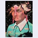 Highly rendered illustration of a woman with pink tinted skin and a flatly painted collared turquoise shirt. She has 2 small braids and looks off, her hair blending into the black background.