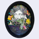 Artistic depiction of a woman's face with a small dinosaur in the foreground and colorful elements in a black frame.