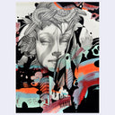 Artistic depiction of a face with floral and abstract elements on a colorful background