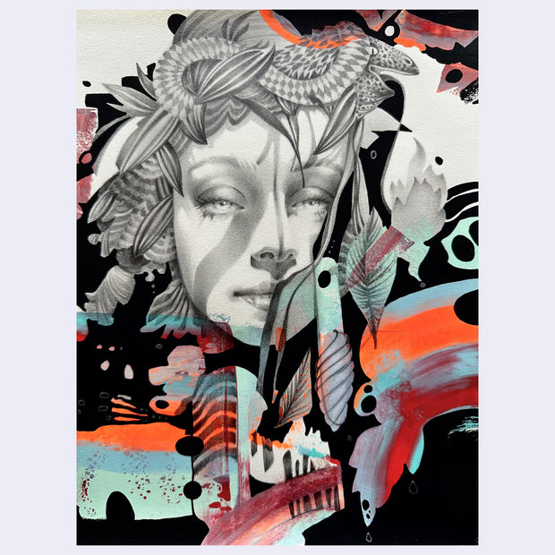Artistic depiction of a face with floral and abstract elements on a colorful background
